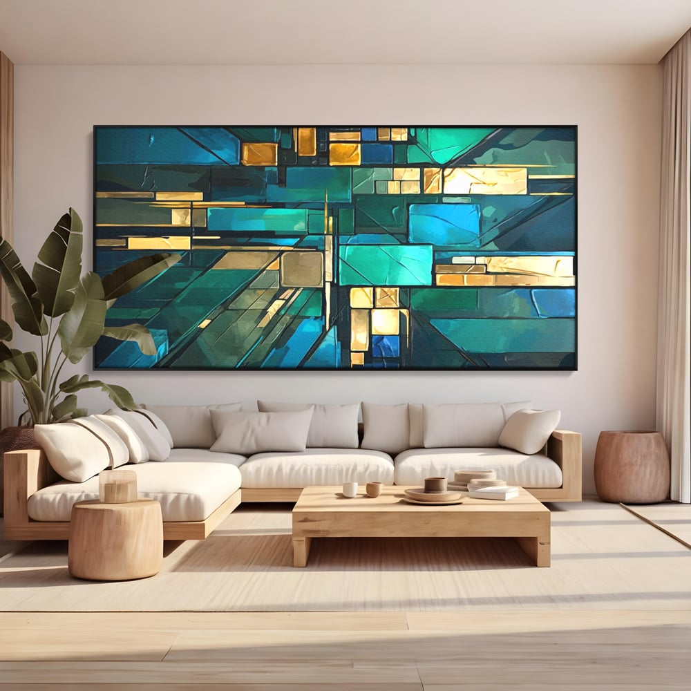 Tablou canvas cu tablou abstract geometric in nuante de albastru, in rama de aluminiu negru, pe perete intr-un living
